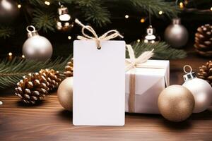disposição do uma branco cartão cartão postal com uma presente caixa perto a Natal árvore com uma festão. ai gerado foto