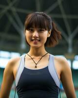 lindo sorridente ásia menina atleta dentro Esportes arena ai generativo foto