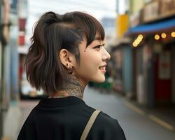 alegre coreano menina com tatuagem sorridente para Câmera ai generativo foto