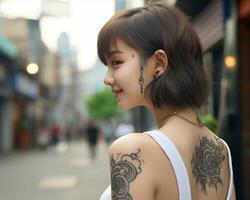 alegre coreano menina com tatuagem sorridente para Câmera ai generativo foto