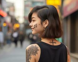 alegre coreano menina com tatuagem sorridente para Câmera ai generativo foto