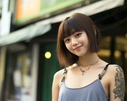 alegre coreano menina com tatuagem sorridente para Câmera ai generativo foto