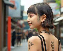 alegre coreano menina com tatuagem sorridente para Câmera ai generativo foto