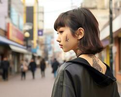 alegre coreano menina com tatuagem sorridente para Câmera ai generativo foto