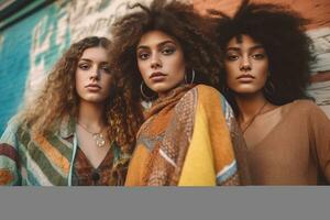 uma grupo do jovem moda modelos posando juntos dentro vibrante, na moda roupas, capturando a espírito do unidade e diversidade dentro a moda indústria. generativo ai foto