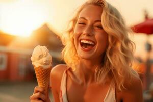 uma tiro do uma mulher desfrutando uma colher do gelo creme em uma quente verão dia. generativo ai foto