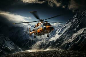 helicóptero pairando sobre coberto de neve montanhas durante uma ousadia inverno resgate missão, exibindo a importância do oportuno e eficiente emergência resposta. generativo ai foto