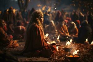 uma grupo do budista devotos noivando dentro uma tradicional cerimônia, exibindo a espiritual práticas e rituais do budismo. generativo ai foto