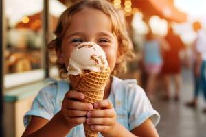 criança mãos segurando uma gotejamento gelo creme cone com uma grande sorriso, evocando puro deleite e capturando a simples alegria do indulgente dentro gelo creme. seletivo foco em gelo creme. generativo ai foto