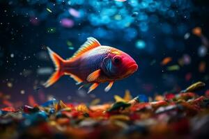 uma fechar-se fotografia do uma peixe natação através uma nuvem do microplásticos, ilustrando a penetrante natureza do plástico poluição dentro nosso oceanos. generativo ai foto