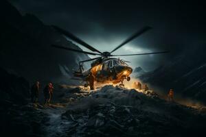 uma dramático aéreo Visão do uma helicóptero transporte aéreo uma pessoa para segurança a partir de uma coberto de neve pico, exibindo a perícia e bravura do montanha resgate operações. generativo ai foto