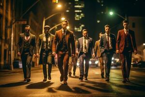 uma grupo do bem vestida mafiosos caminhando baixa uma cidade rua às noite, fundição dramático sombras Como elas afirmar seus domínio. generativo ai foto