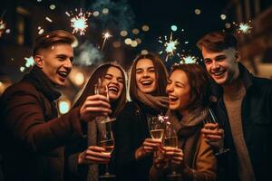 uma grupo do jovem amigos brindar com champanhe flautas, cercado de espumante fogos de artifício, capturando a excitação e celebração do a Novo ano. generativo ai foto