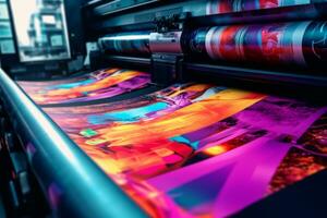 uma montagem do colorida impresso faixas e cartazes chegando Fora do uma alta velocidade rolo a rolo impressora, exibindo a versatilidade e produtividade do grande tinta impressoras. generativo ai foto