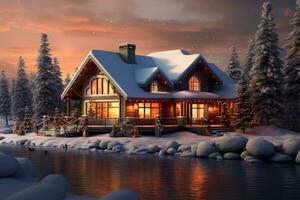 uma inverno panorama com uma casa decorado dentro cintilante luzes e iluminado árvores, criando uma mágico e convidativo atmosfera para a feriado temporada. generativo ai foto