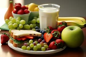 equilibrado e nutritivo escola almoço, apresentando colorida frutas, vegetais, sanduíches, e uma cartão do leite, promovendo saudável comendo hábitos entre alunos. generativo ai foto