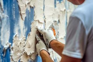 pintor preparando uma parede para pintura, apresentando Atividades tal Como lixar, o preenchimento rachaduras, e aplicando cartilha, destacando a importância do apropriado superfície preparação. generativo ai foto