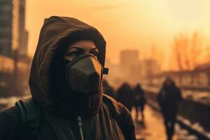 pessoa vestindo uma protetora mascarar no meio uma pesadamente poluído urbano ambiente, enfatizando a saúde riscos associado com ar poluição. generativo ai foto