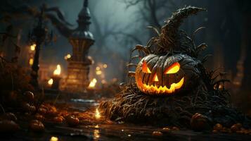 uma assustador dia das Bruxas noite com ameaçador brilhando lanternas, estranho árvore e aparência sinistra jack-o-lanterns dentro frente do uma castelo. generativo ai foto