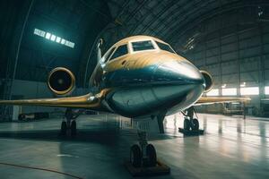 uma fechar-se do uma privado jato estacionado dentro uma hangar, com uma Claro Visão do Está exterior e detalhes. generativo ai foto