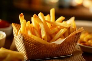 servindo cesta preenchidas com dourado e perfeitamente crocantes francês fritas. a iluminação é caloroso e convidativo, destacando a textura e de dar água na boca aparência do a fritas. generativo ai foto