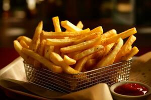 servindo cesta preenchidas com dourado e perfeitamente crocantes francês fritas. a iluminação é caloroso e convidativo, destacando a textura e de dar água na boca aparência do a fritas. generativo ai foto