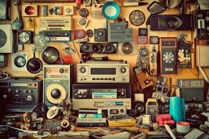 uma colagem do retro objetos tal Como cassete fitas, mole discos, e vintage eletrônicos, criando uma nostálgico atmosfera. generativo ai foto