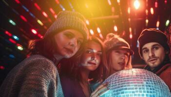 uma grupo do amigos posando dentro frente do uma gigante discoteca bola, refletindo colorida luzes e criando a inesquecível cena. generativo ai foto