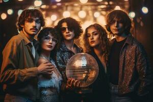 uma grupo do amigos posando dentro frente do uma gigante discoteca bola, refletindo colorida luzes e criando a inesquecível cena. generativo ai foto