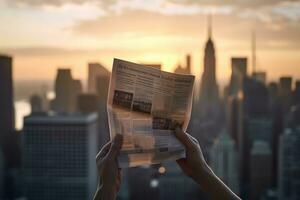 uma mão segurando uma jornal dentro frente do uma cidade Horizonte, com uma borrado fundo. a foco é em a jornal, que parece fresco e claro. generativo ai foto