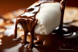 branco marshmallow ser mergulhado para dentro derretido chocolate, capturando a exato momento quando isto é levantado, resultante dentro uma respingo do chocolate, representando a fusão do dois delicioso sabores. generativo ai foto