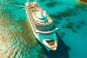 uma majestoso aéreo tiro do uma maciço cruzeiro navio Navegando através claro como cristal turquesa águas, exibindo a grandeza e beleza do a navio. generativo ai foto