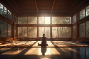 uma pessoa meditando dentro uma espaçoso e sereno meditação corredor ou têmpora. conceito do união e atenção plena. generativo ai foto