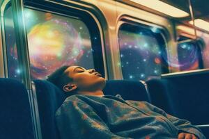 pessoa dormindo em uma metrô trem, com uma pensamento bolha acima seus cabeça mostrando uma vívido Sonhe. a mensagem é sobre a estranho e surreal coisas este pode acontecer dentro a cidade. generativo ai foto