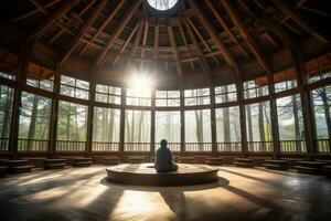 uma pessoa meditando dentro uma espaçoso e sereno meditação corredor ou têmpora. conceito do união e atenção plena. generativo ai foto