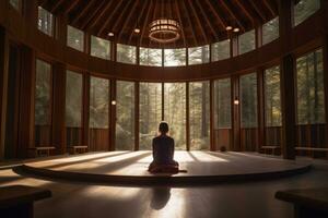 uma pessoa meditando dentro uma espaçoso e sereno meditação corredor ou têmpora. conceito do união e atenção plena. generativo ai foto