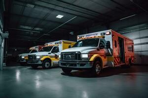 uma tiro do uma frota do ambulâncias dentro uma garagem ou muito, exibindo a Tamanho e escopo do a emergência médico serviço empresa. generativo ai foto