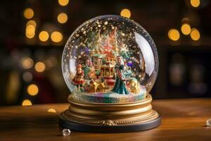 uma neve globo preenchidas com minúsculo flutuando luzes semelhante a flocos de neve e enfeites, refletindo a ornamentado Natal árvore decorado com frisado fantasia enfeites, dourado doce bengala listras. generativo ai foto