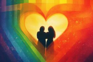 surreal imagem do dois pessoas, segurando mãos, cercado de uma cor de arco-íris fundo, simbolizando amor e aceitação. generativo ai foto