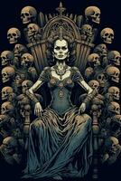 uma vampiro mulher sentado em uma trono fez do crânios com dela mãos em a apoios de braços, olhando ameaçadoramente às a visualizador. generativo ai foto