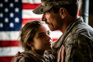 afetuoso militares reunião entre pai e filha dentro fundo americano bandeira . generativo ai foto