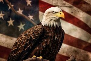 a americano Careca Águia empoleirado em uma ramo com a americano bandeira dentro a fundo, simbolizando liberdade e força. generativo ai foto
