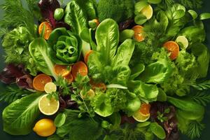 colorida salada composto do vários frondoso verduras e ervas, destacando a clorofila conteúdo e promovendo uma saudável e nutritivo dieta. generativo ai foto