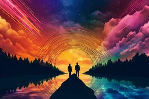 casal caminhando em uma surreal arco Iris ponte, com vibrante cores irradiando a partir de seus passos, simbolizando a viagem do amor e a compartilhado aventuras este aguardam. generativo ai foto