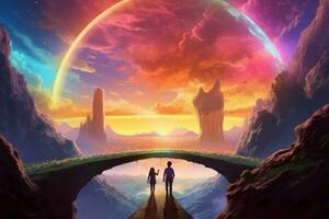 casal caminhando em uma surreal arco Iris ponte, com vibrante cores irradiando a partir de seus passos, simbolizando a viagem do amor e a compartilhado aventuras este aguardam. generativo ai foto