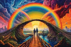 casal caminhando em uma surreal arco Iris ponte, com vibrante cores irradiando a partir de seus passos, simbolizando a viagem do amor e a compartilhado aventuras este aguardam. generativo ai foto