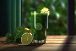 vidro preenchidas com uma refrescante verde batido fez a partir de rico em clorofila ingredientes, transmitindo saúde e bem-estar. generativo ai foto