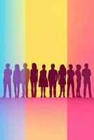 silhueta grupo do adulto pessoas transgêneros homens e mulheres com arco Iris cores. generativo ai foto