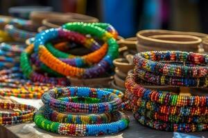 frisado plástico colares, pulseiras ou pulseiras dentro arco Iris cores. foco em a caprichoso, econômico artesanato este estão popular recordações para turistas. generativo ai foto