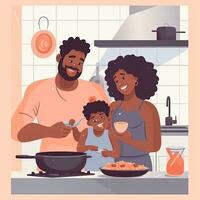 plano desenho animado ilustração do uma Preto família cozinhando dentro cozinha. generativo ai foto